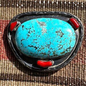 Vintage Southwestern Sterling Silver & #8 Mine Turquoise Belt Buckle